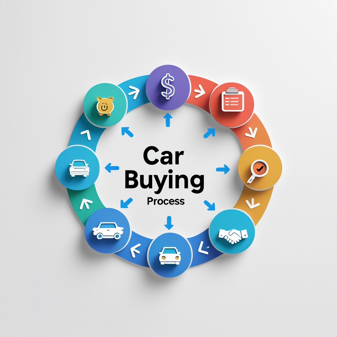 tep-by-step car buying process flowchart with icons showing budget planning, vehicle research, financial preparation, and final purchase decision-making
